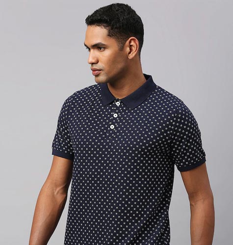 Men Navy Blue Printed Polo Collar Cotton T-shirt